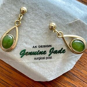 Gold and Green Genuine Jade Earrings Vintage Hong Kong Drop Style Pierced